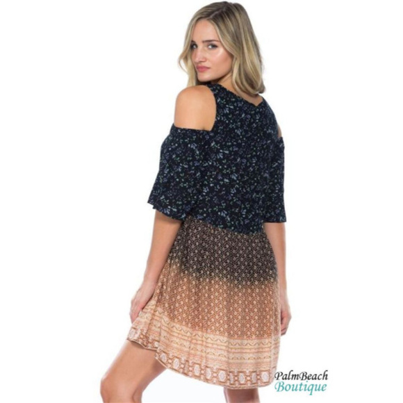 Bohemian Boho Style Navy Camel Cold Shoulder Dress - Picture 2 of 4